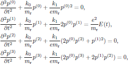 $$
  \eqalign{
    &{{\partial^2 p^{(0)}}\over{\partial t^2}}
      +{{k_0}\over{m_{\rm r}}}p^{(0)}
      +{{k_1}\over{e m_{\rm r}}}p^{(0)}{}^2=0,\cr
    &{{\partial^2 p^{(1)}}\over{\partial t^2}}
      +{{k_0}\over{m_{\rm r}}}p^{(1)}
      +{{k_1}\over{e m_{\rm r}}}2p^{(0)}p^{(1)}
      ={{e^2}\over{m_{\rm r}}}E(t),\cr
    &{{\partial^2 p^{(2)}}\over{\partial t^2}}
      +{{k_0}\over{m_{\rm r}}}p^{(2)}
      +{{k_1}\over{e m_{\rm r}}}(2p^{(0)}p^{(2)}+p^{(1)}{}^2)=0,\cr
    &{{\partial^2 p^{(3)}}\over{\partial t^2}}
      +{{k_0}\over{m_{\rm r}}}p^{(3)}
      +{{k_1}\over{e m_{\rm r}}}(2p^{(0)}p^{(3)}+2p^{(1)}p^{(2)})=0,\cr
  }
$$
