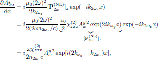 $$
  \eqalign{
    {{\partial A^z_{2\omega}}\over{\partial x}}
      &=i{{\mu_0(2\omega)^2}\over{2k_{2\omega_z}}}
        [{\bf P}^{({\rm NL})}_{2\omega}]_z
          \exp(-ik_{2\omega_z}x)\cr
      &=i{{\mu_0(2\omega)^2}\over{2(2\omega n_{2\omega_z}/c)}}
          \underbrace{
          {{\varepsilon_0}\over{2}}
          \chi^{(2)}_{zxx} A^y_{\omega}{}^2\exp(2ik_{\omega_y}x)}_{
             =[{\bf P}^{({\rm NL})}_{2\omega}]_z}
          \exp(-ik_{2\omega_z}x)\cr
      &=i{{\omega\chi^{(2)}_{zxx}}\over{2 n_{2\omega_z} c}}
          A^y_{\omega}{}^2\exp[i(2k_{\omega_y}-k_{2\omega_z})x],\cr
  }
$$